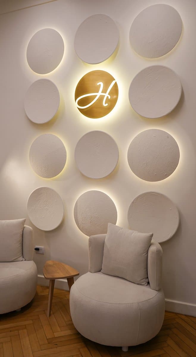 Sillón blanco frente a pared decorativa con círculos texturados y monograma H iluminado